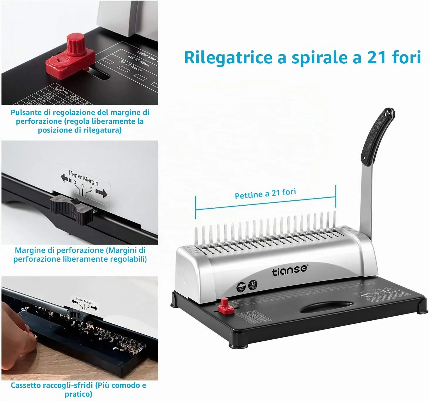 Rilegatrice spirale 21 fori 450 fogli con kit pettini 3/8"