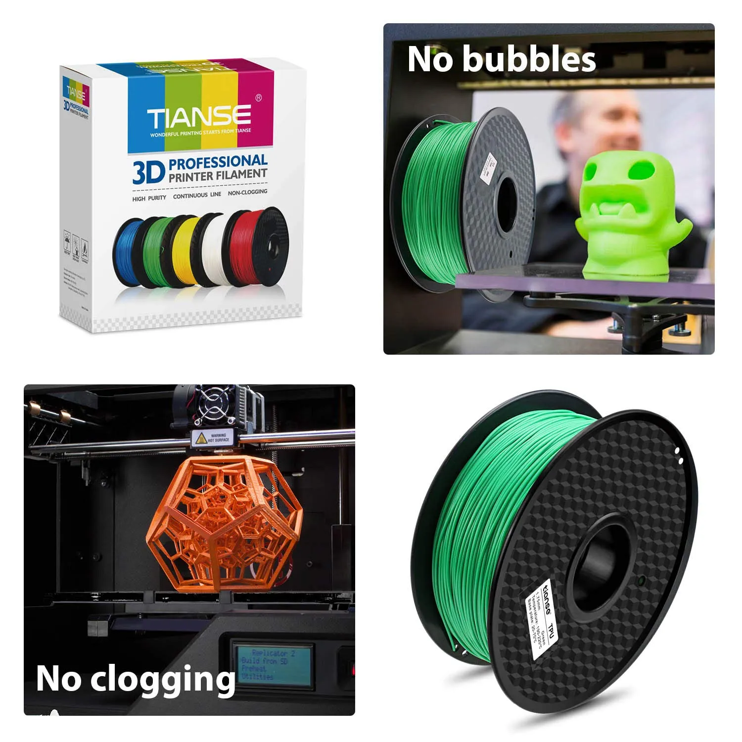 TIANSE Filamento TPU 1.75mm Verde Bobina 1kg Flessibile