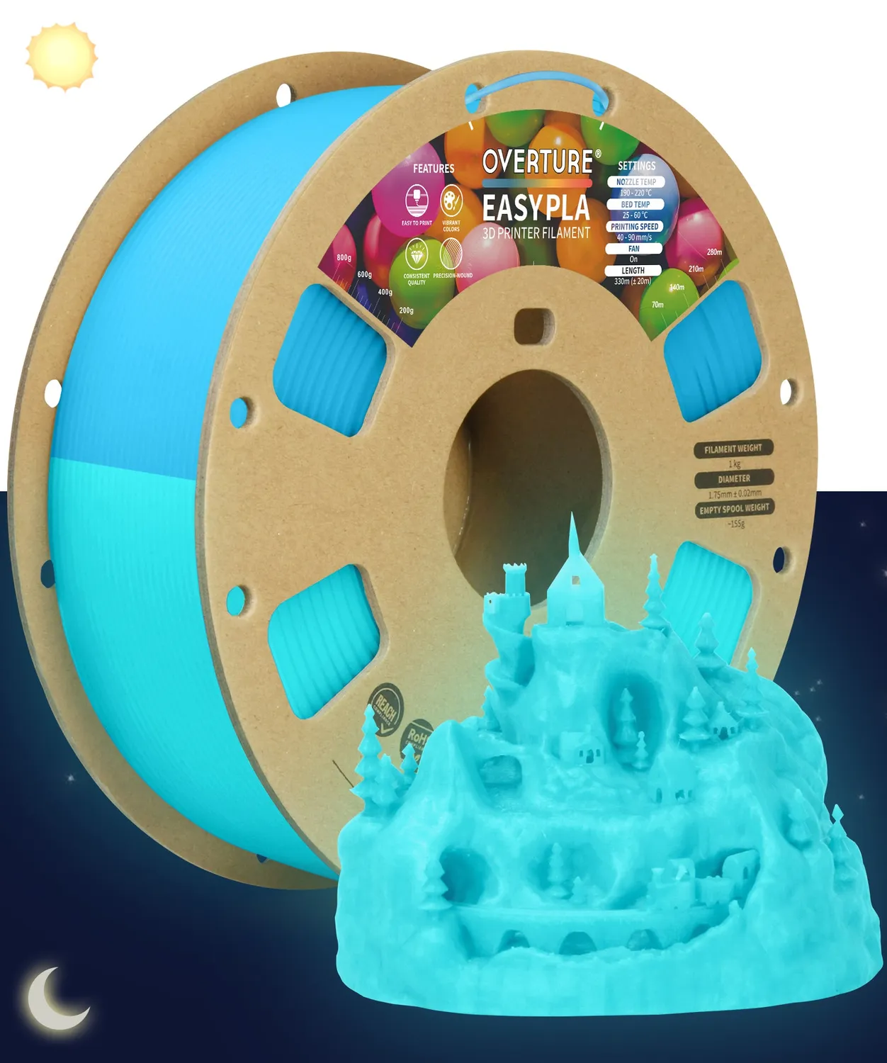 Overture Glow Filamento PLA 1,75mm 1kg Blu fosforescente