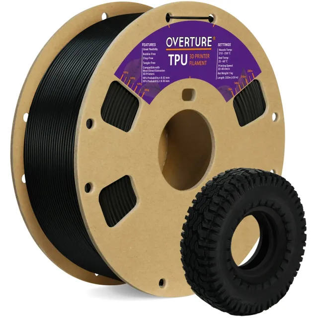 Overture TPU 95A filamento 1,75mm nero opaco 1kg flessibile