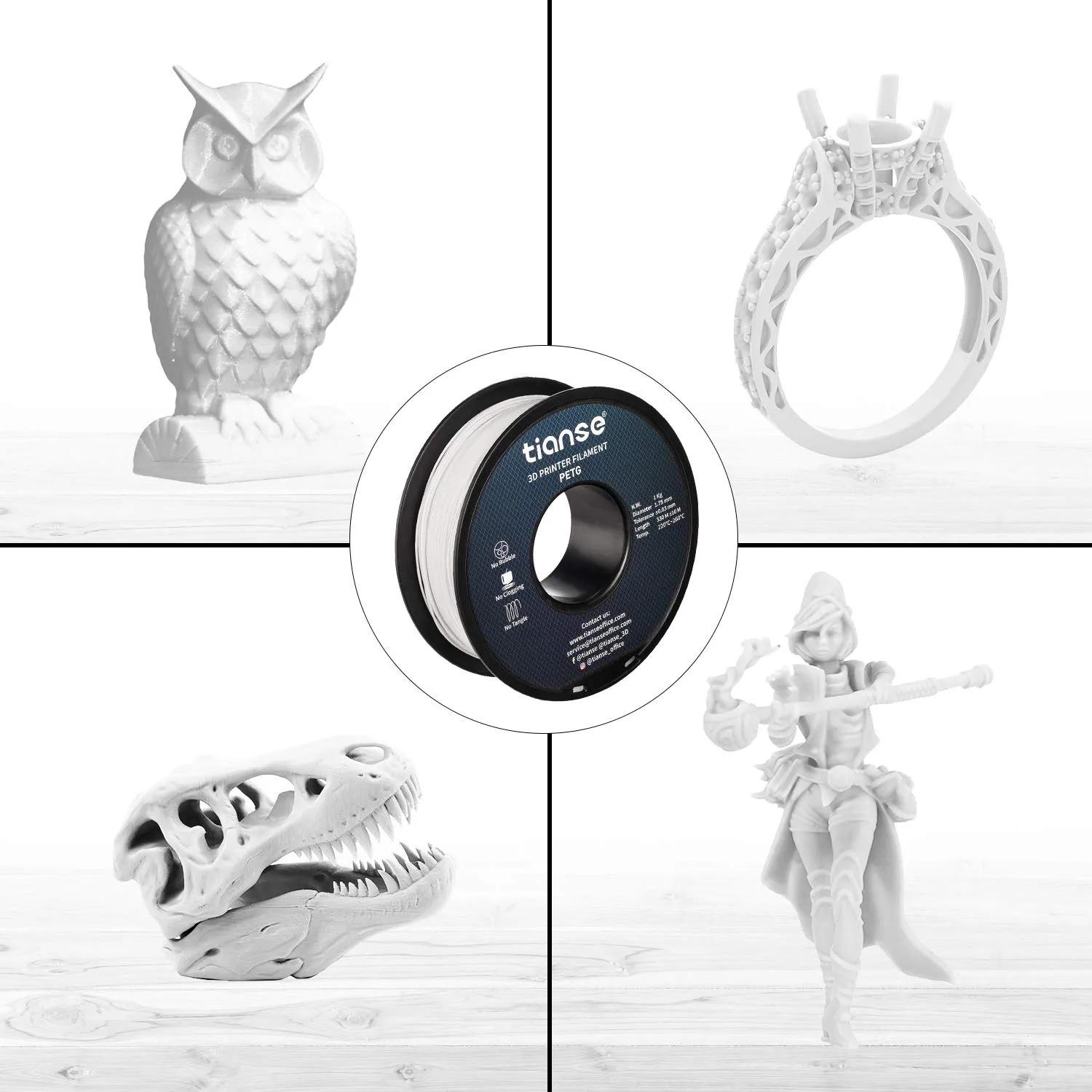 TIANSE PETG Filamento 3D 1,75mm Bianco 1kg +/-0,03mm