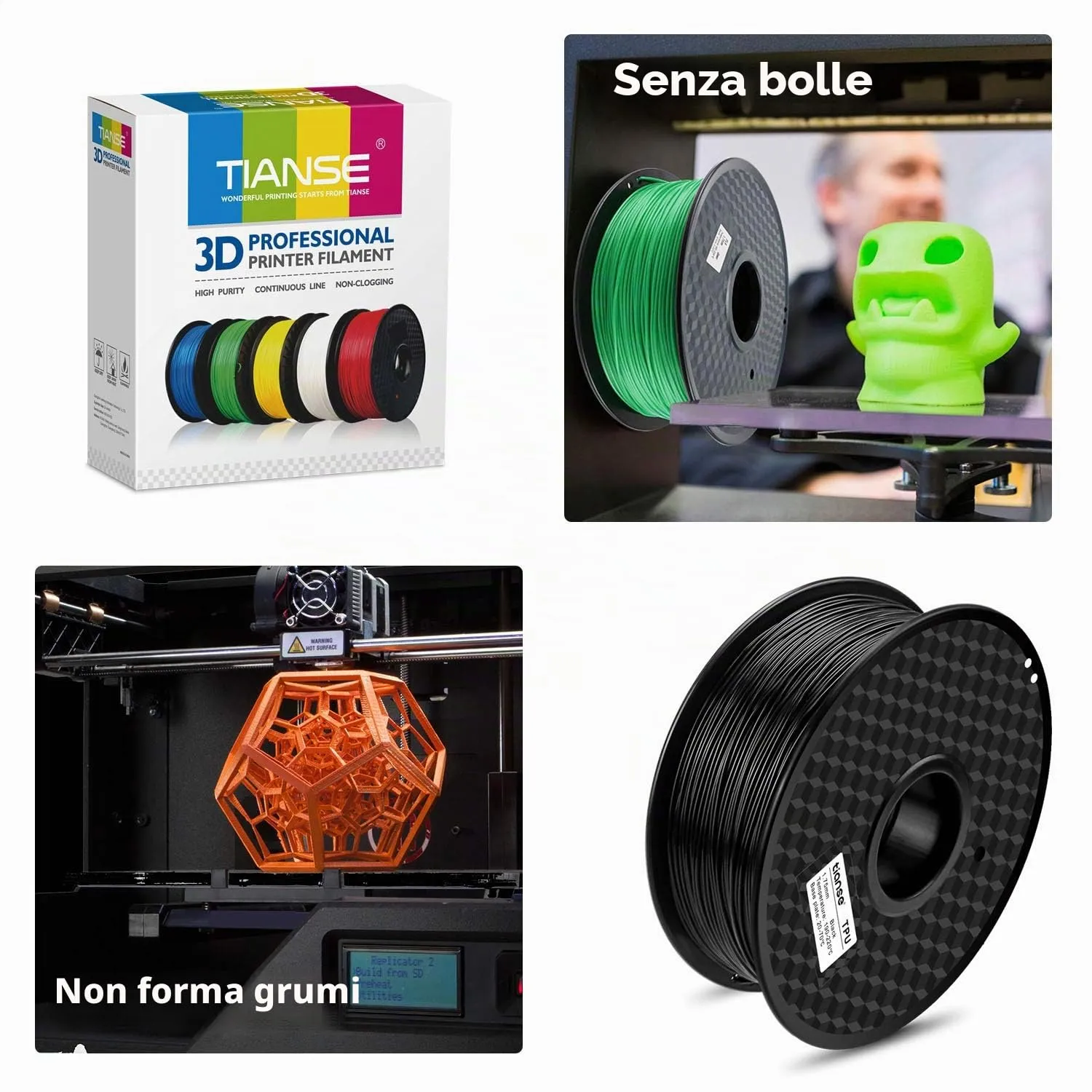 TIANSE filamento TPU 1,75 mm nero 1 kg flessibile