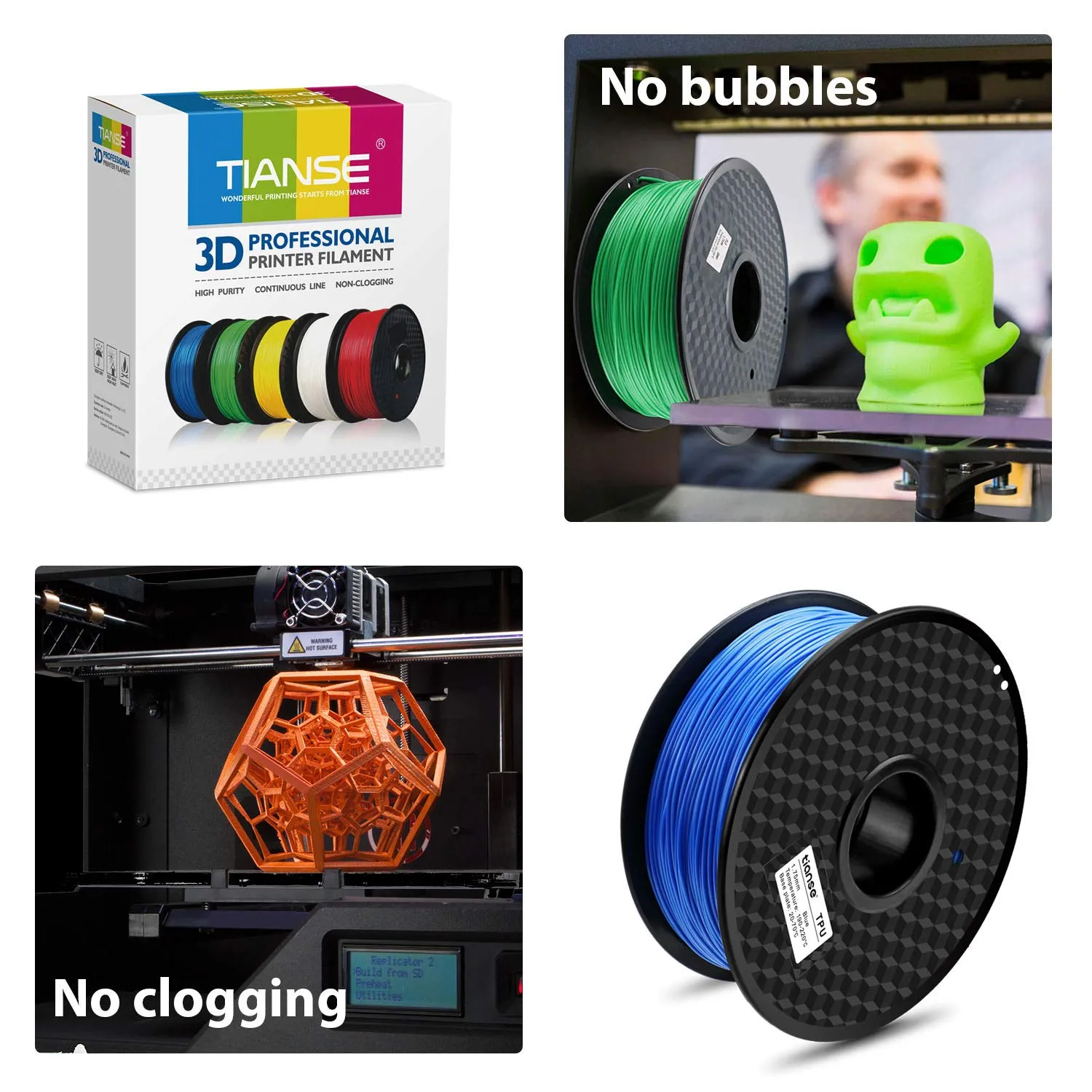 TIANSE Filamento TPU 1.75mm Blu Bobina 1kg Flessibile