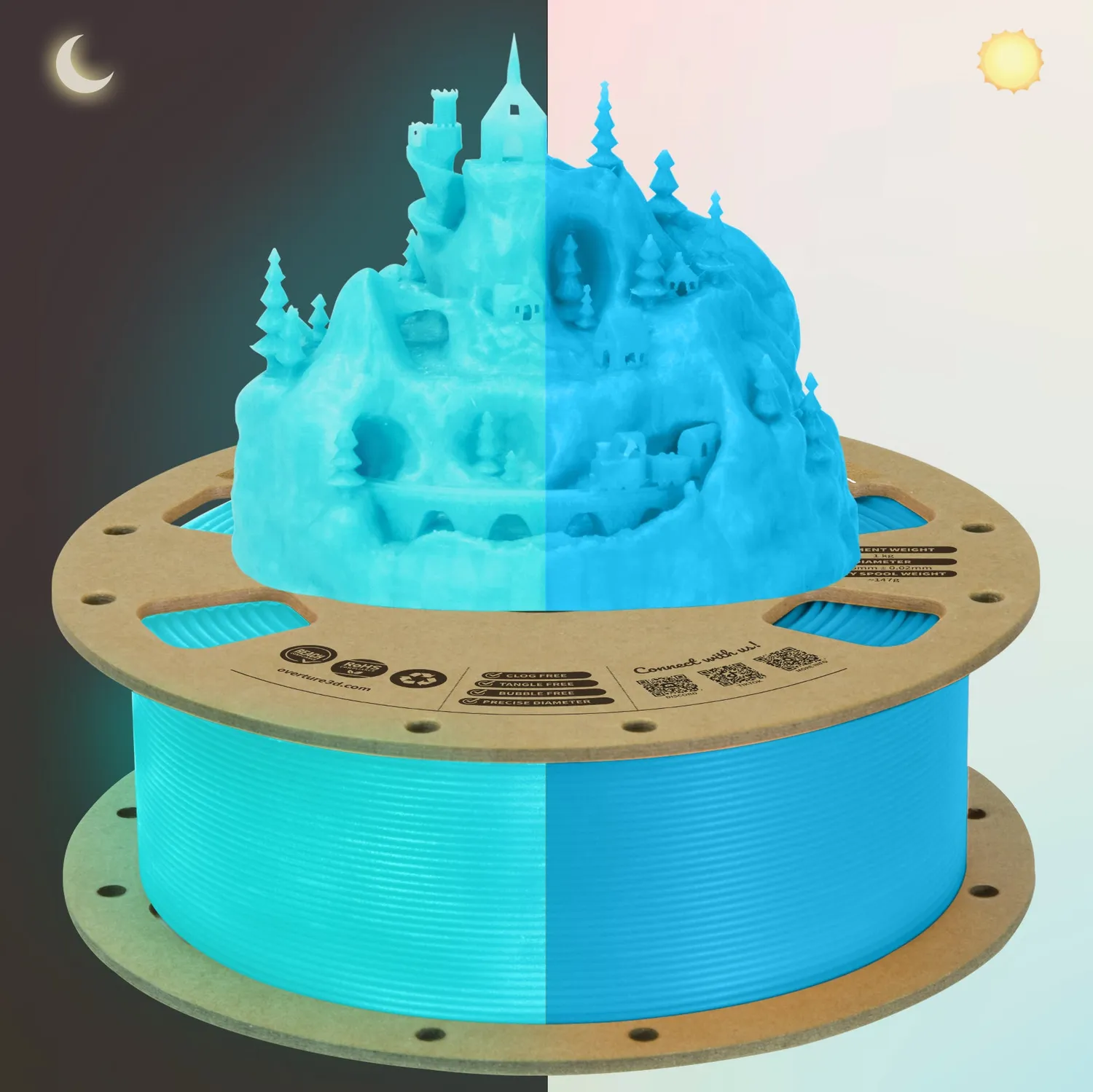 Overture Glow Filamento PLA 1,75mm 1kg Blu fosforescente