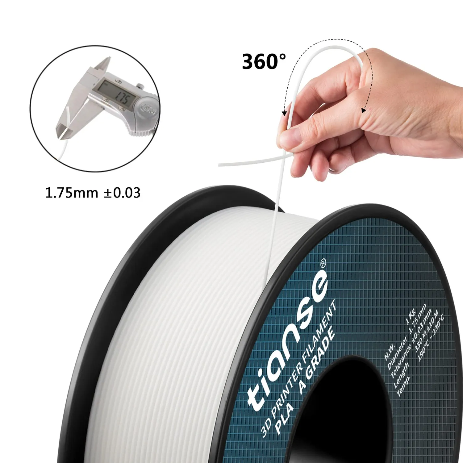 TIANSE Filamento PLA 1,75 mm bianco 1 kg precisione +/-0,03 mm