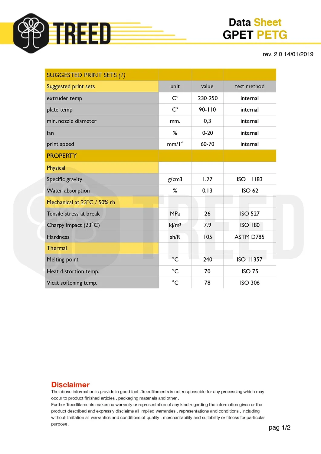 TreeD G-PET PETG filamento 1,75mm 1kg resistente